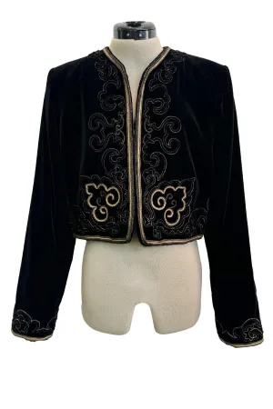 Fantastic 1970s Yves Saint Laurent Cropped Boc Cut Black Velvet Jacket w Metallic Gold Cord Detailing
