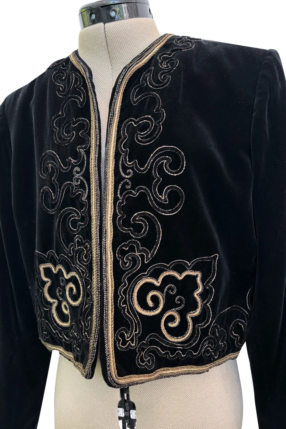 Fantastic 1970s Yves Saint Laurent Cropped Boc Cut Black Velvet Jacket w Metallic Gold Cord Detailing