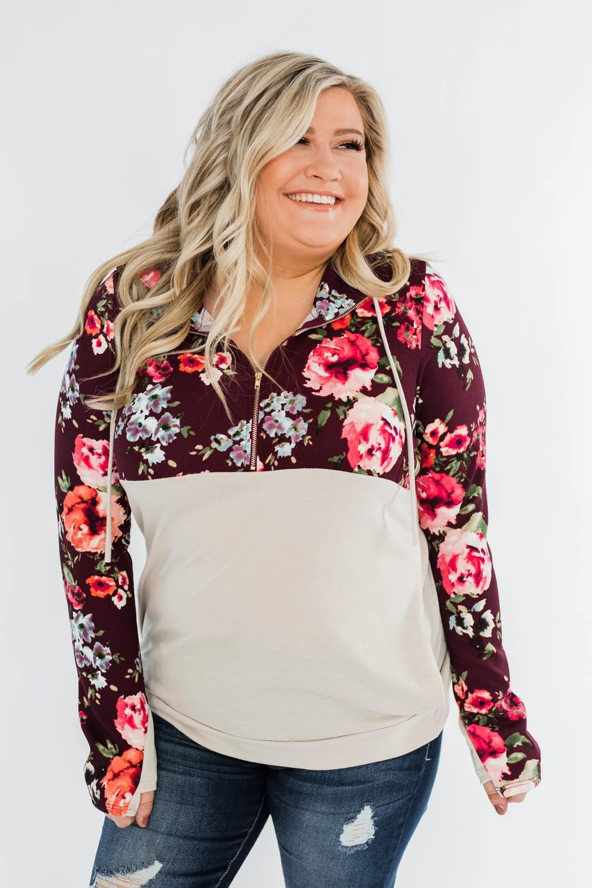 Fantastic Floral 1/4 Zip Hoodie- Burgundy