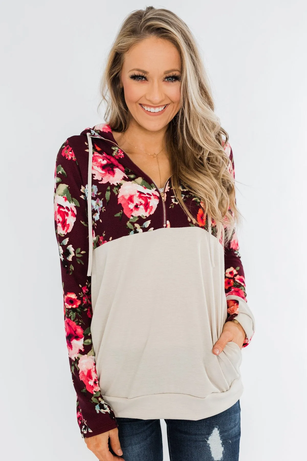 Fantastic Floral 1/4 Zip Hoodie- Burgundy