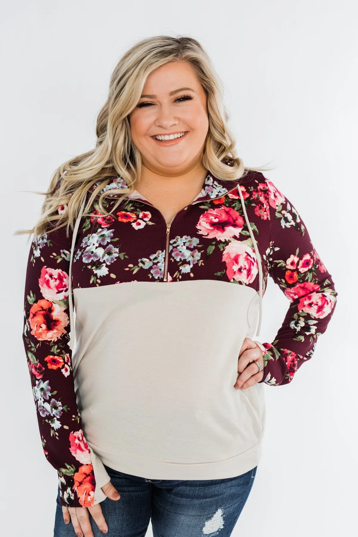 Fantastic Floral 1/4 Zip Hoodie- Burgundy