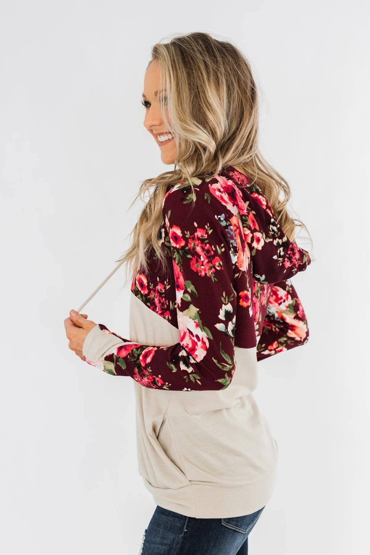 Fantastic Floral 1/4 Zip Hoodie- Burgundy