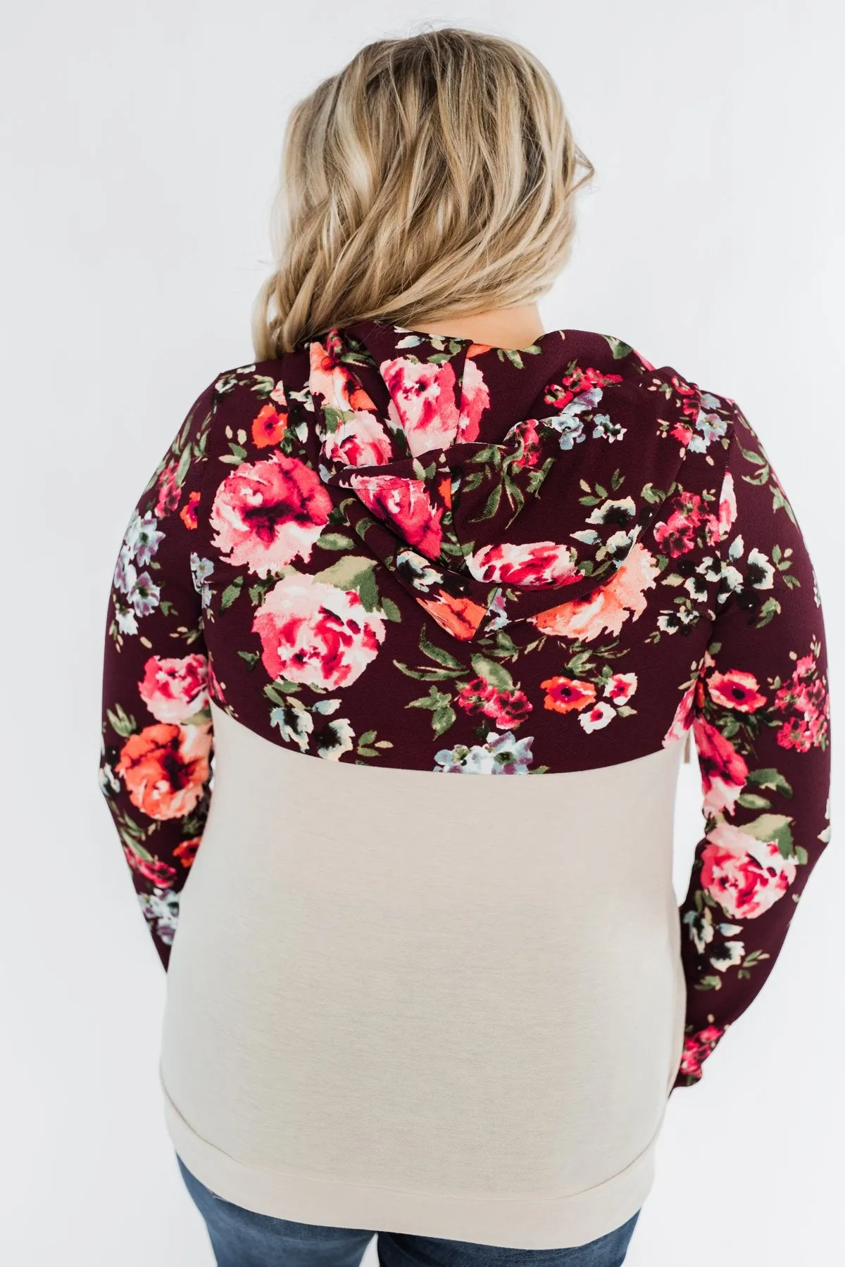 Fantastic Floral 1/4 Zip Hoodie- Burgundy
