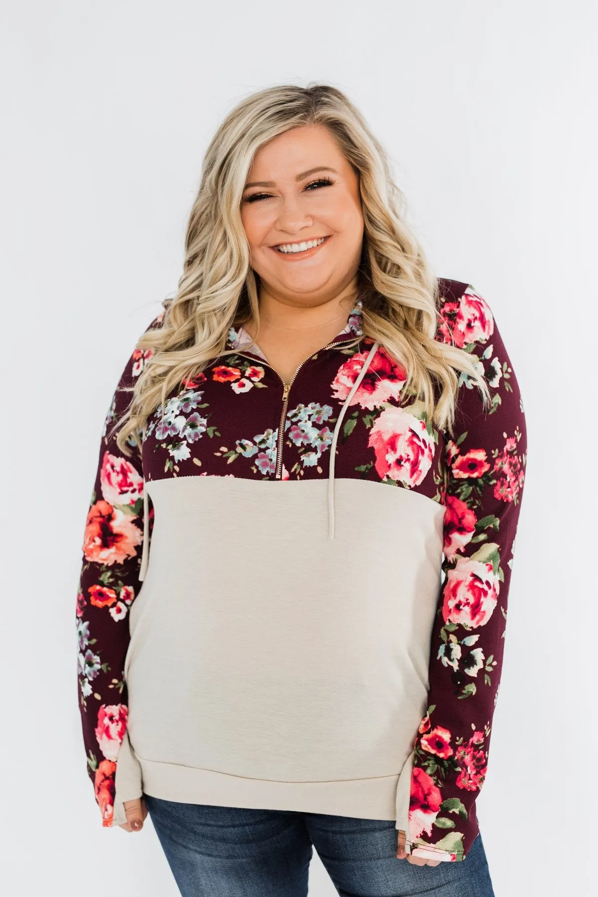Fantastic Floral 1/4 Zip Hoodie- Burgundy