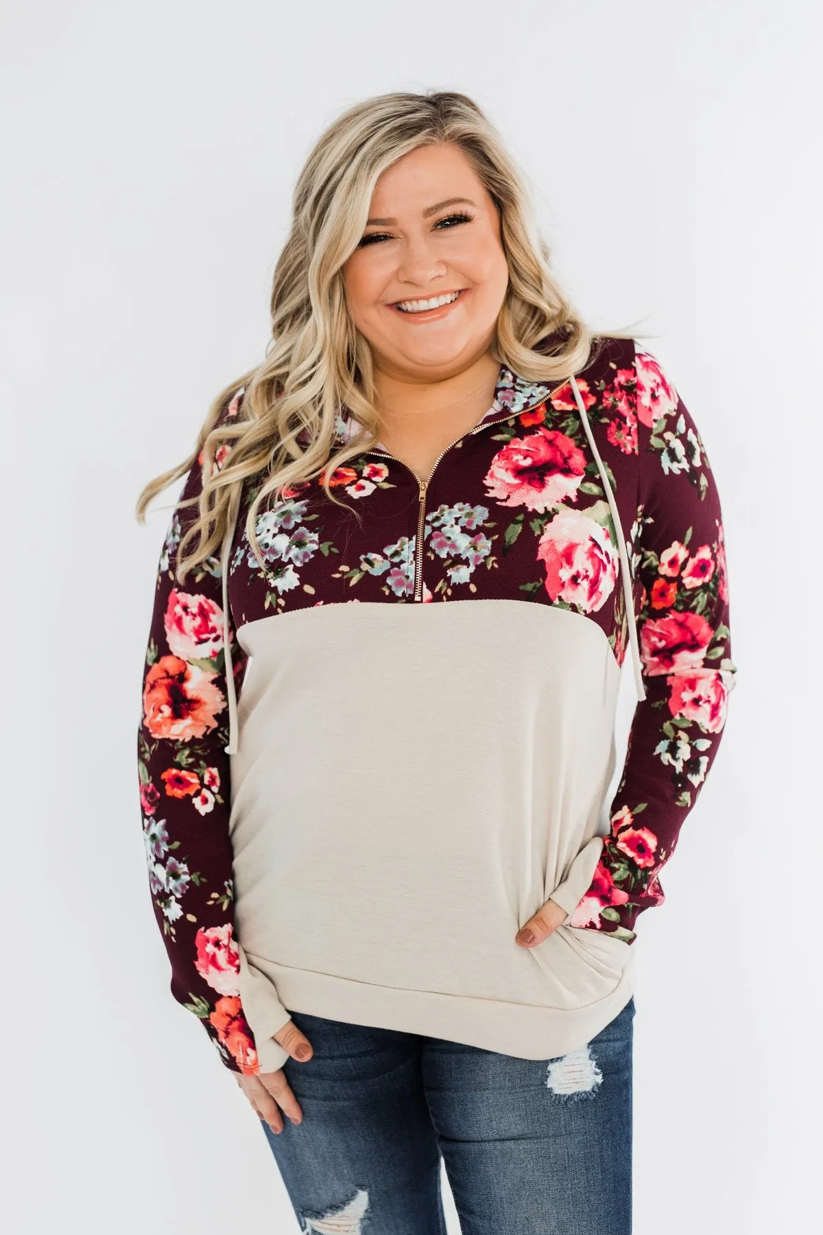 Fantastic Floral 1/4 Zip Hoodie- Burgundy