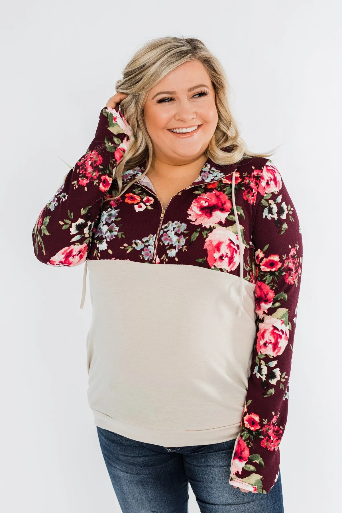 Fantastic Floral 1/4 Zip Hoodie- Burgundy