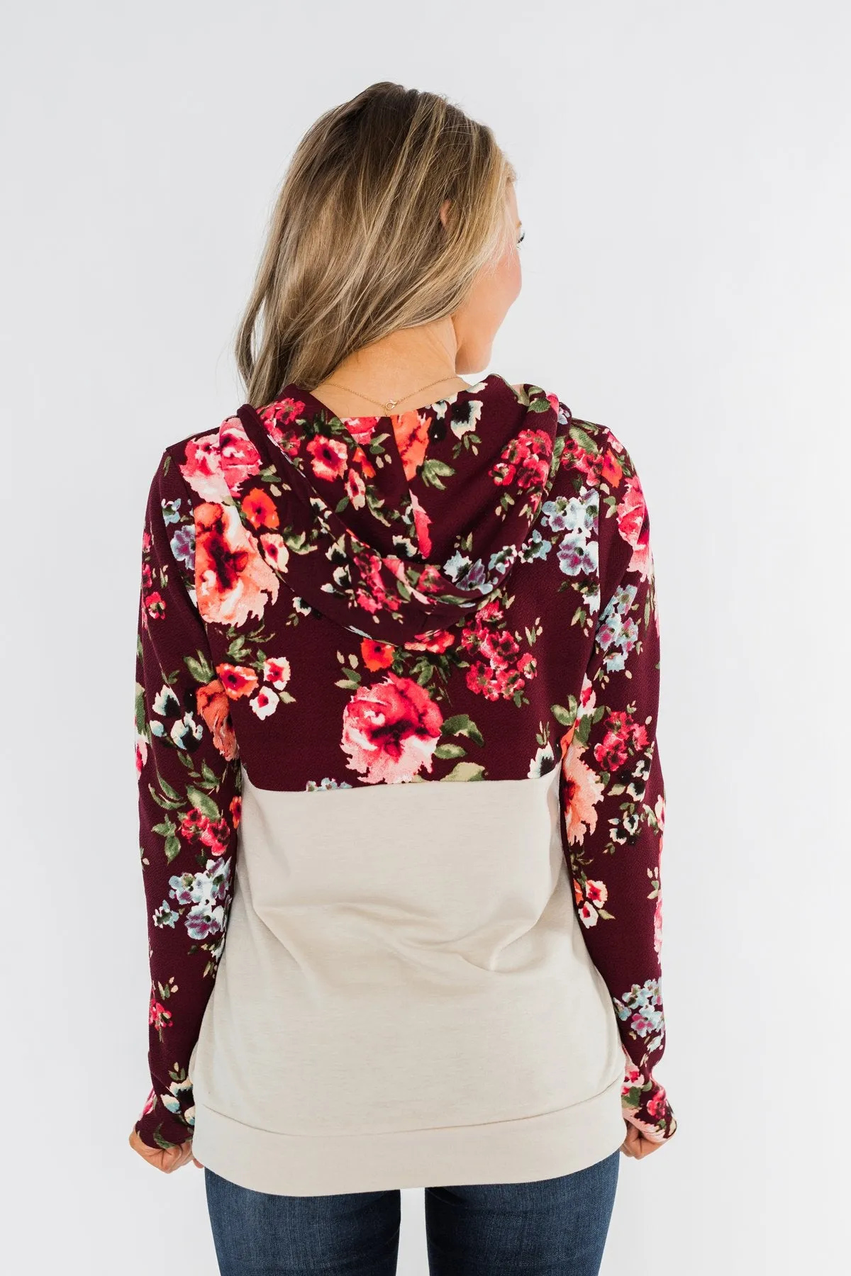 Fantastic Floral 1/4 Zip Hoodie- Burgundy