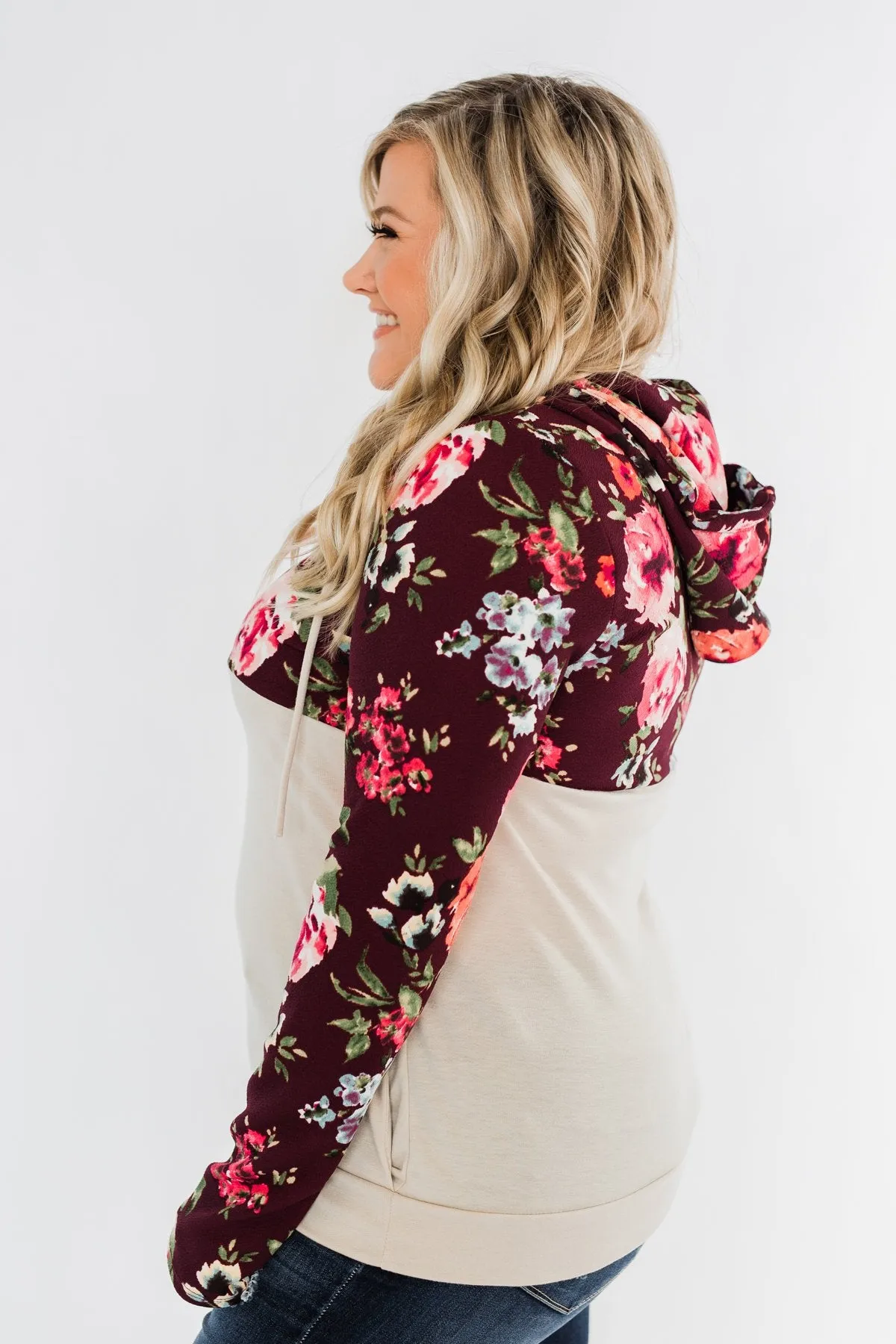 Fantastic Floral 1/4 Zip Hoodie- Burgundy