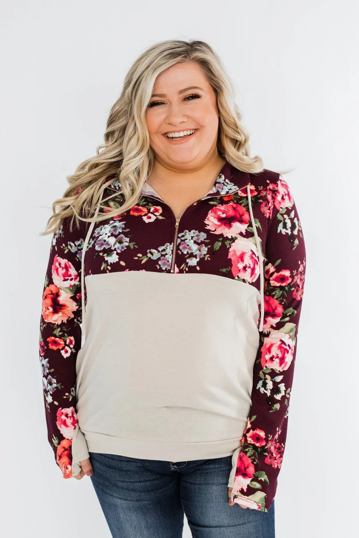 Fantastic Floral 1/4 Zip Hoodie- Burgundy
