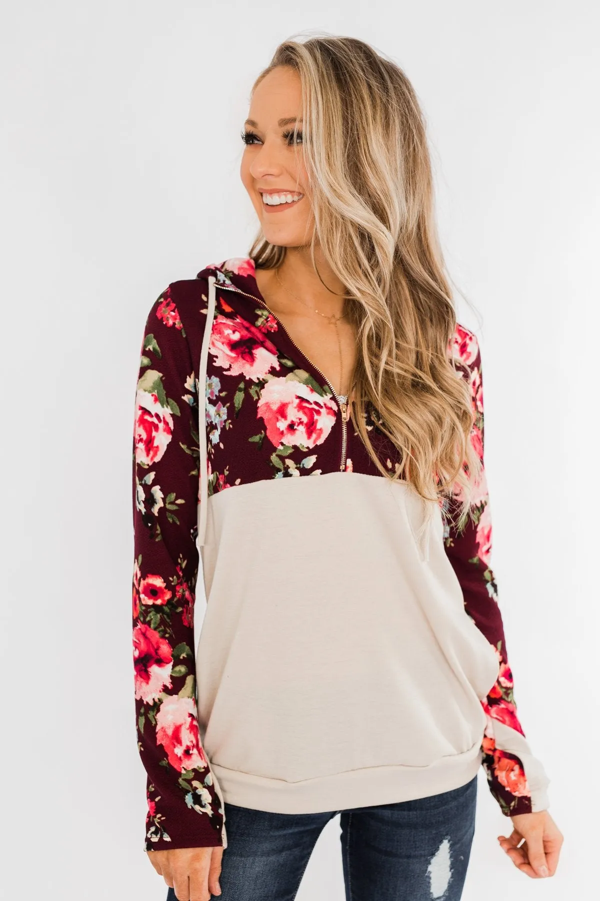Fantastic Floral 1/4 Zip Hoodie- Burgundy