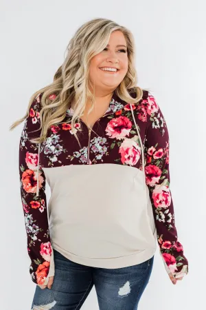 Fantastic Floral 1/4 Zip Hoodie- Burgundy