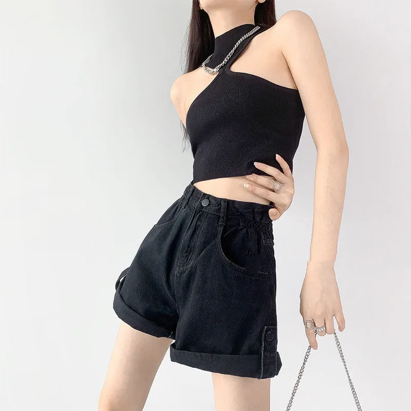 Fashionable Hot Girl Overalls Denim Shorts Women Rolled Hem