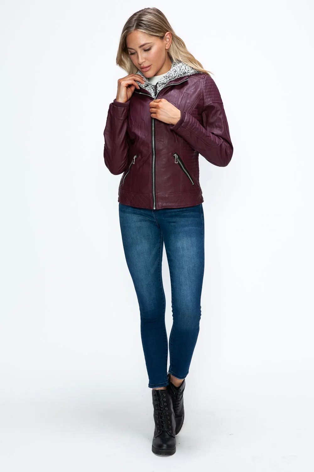Faux Layered Double-Zipper Jacket with Fuzzy Hood