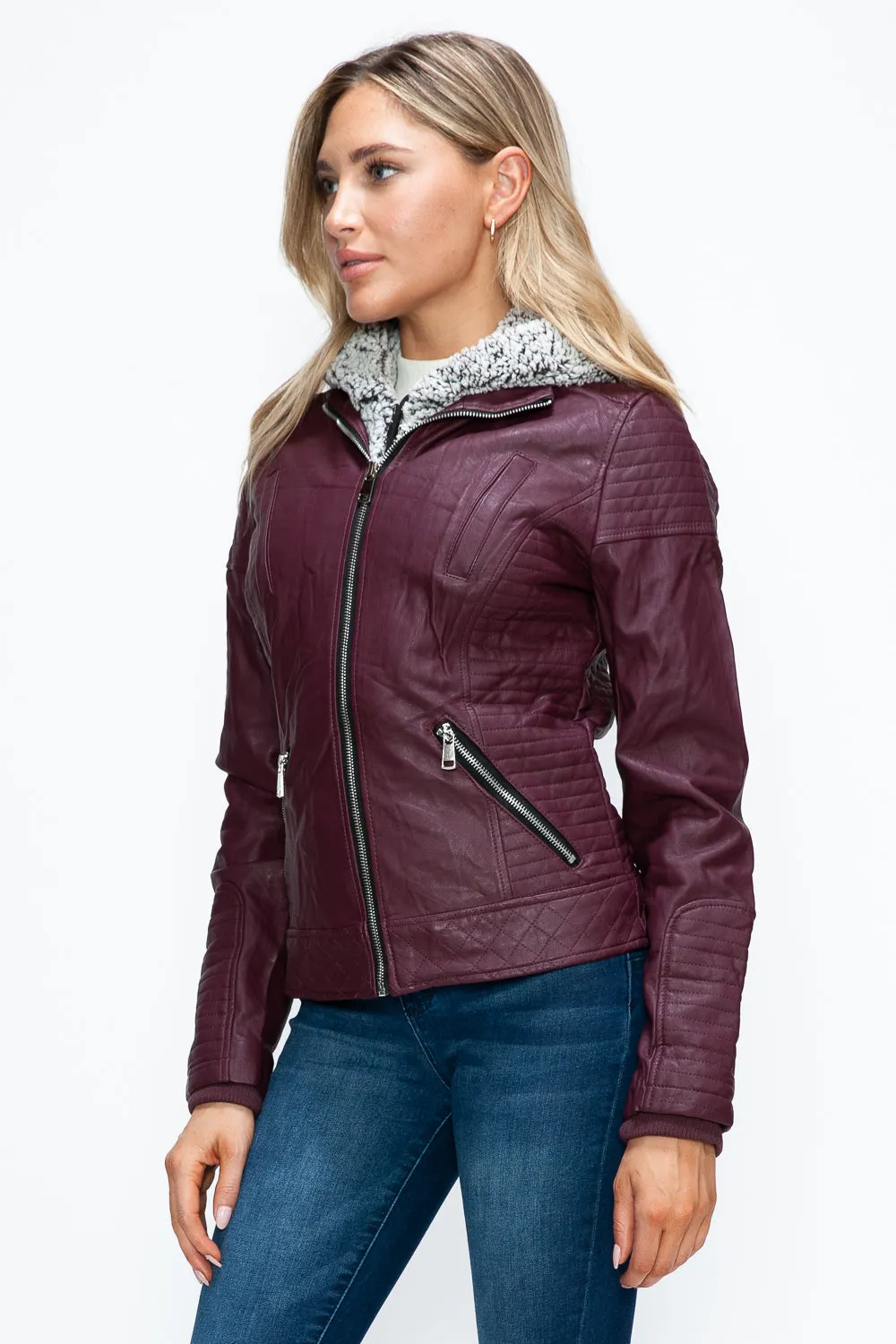Faux Layered Double-Zipper Jacket with Fuzzy Hood