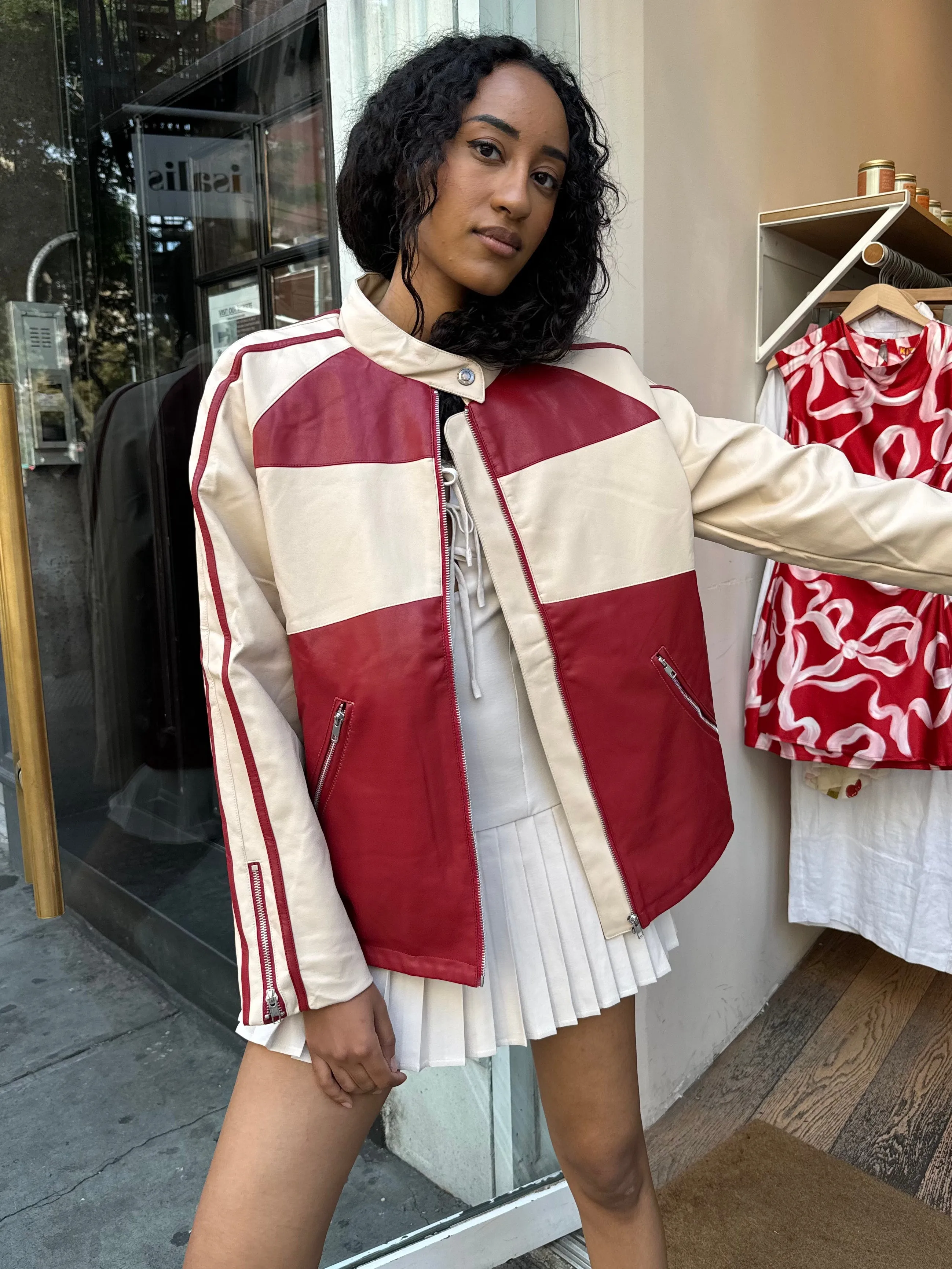 Faye Red and Beige Moto Jacket
