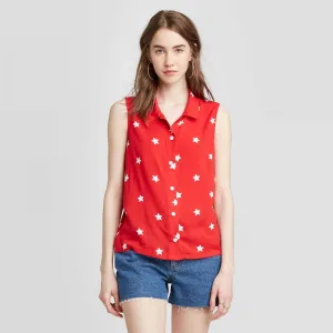 Fifth Sun Women's Star Print Sleeveless Button-Down Graphic Shirt 79149618