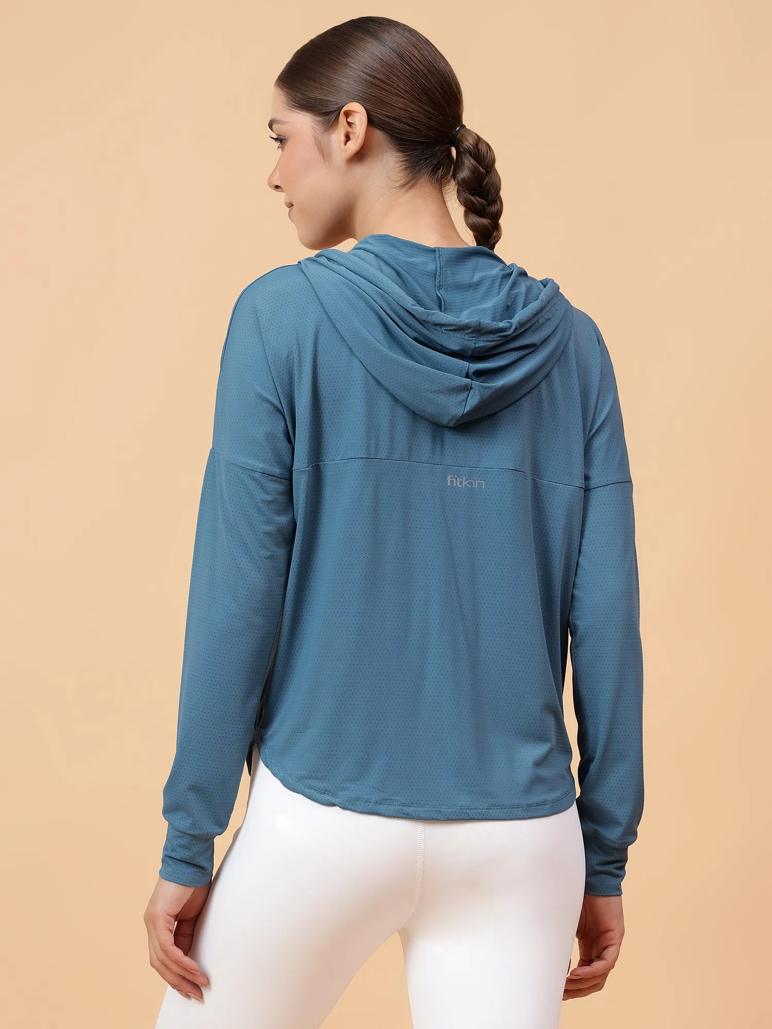 Fitkin Women Turquoise Self Design Hooded Jacket