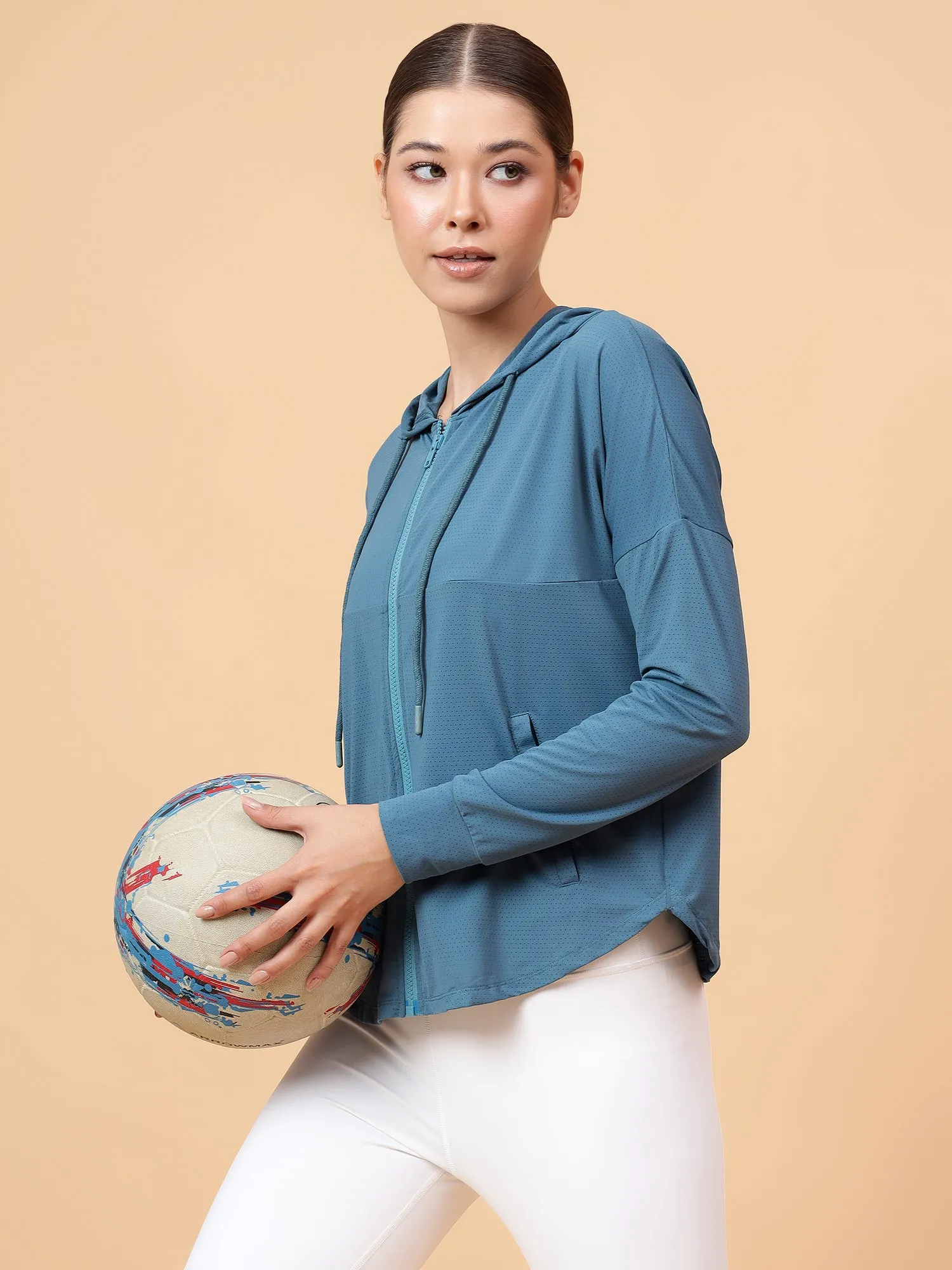 Fitkin Women Turquoise Self Design Hooded Jacket