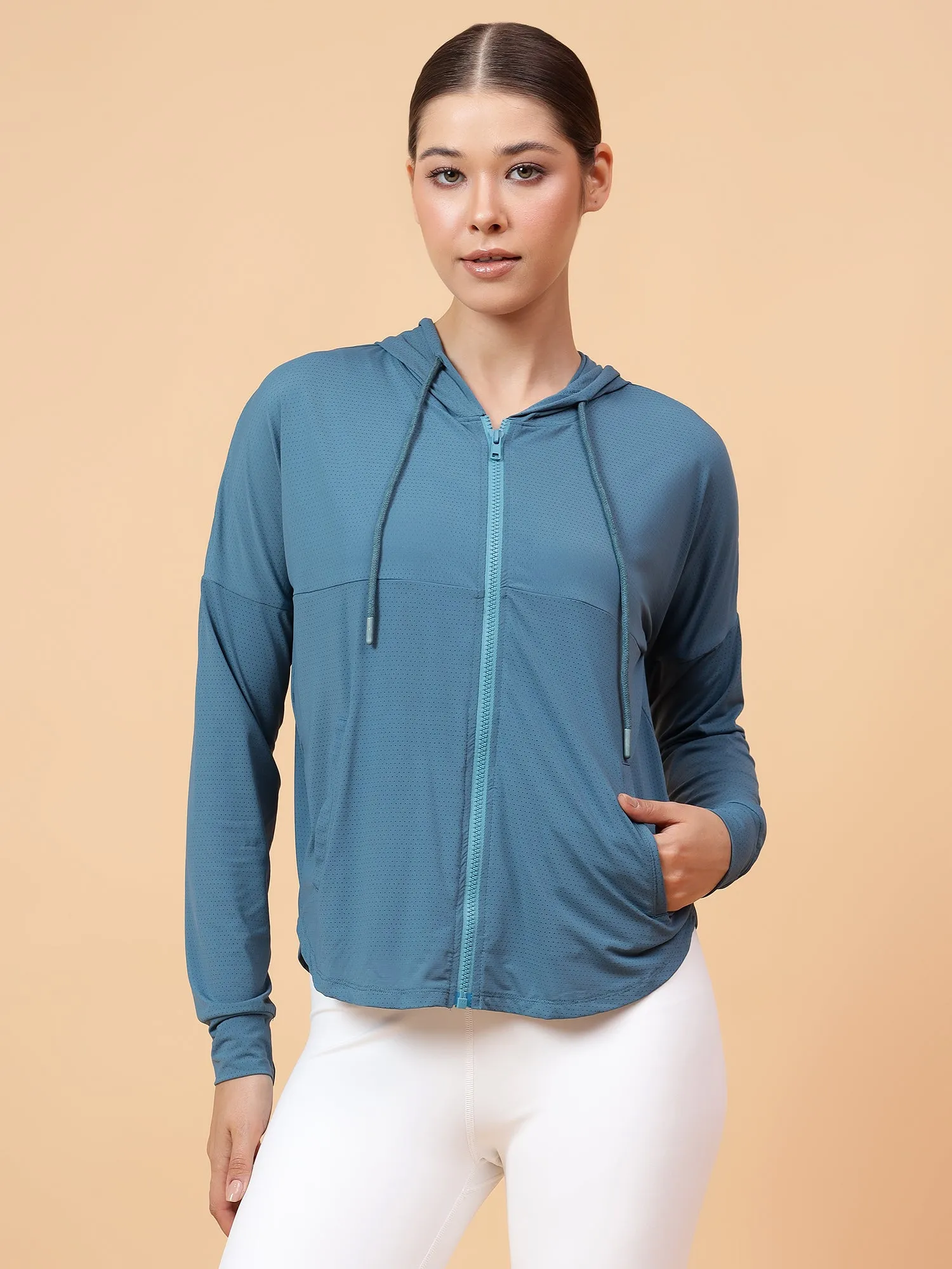 Fitkin Women Turquoise Self Design Hooded Jacket
