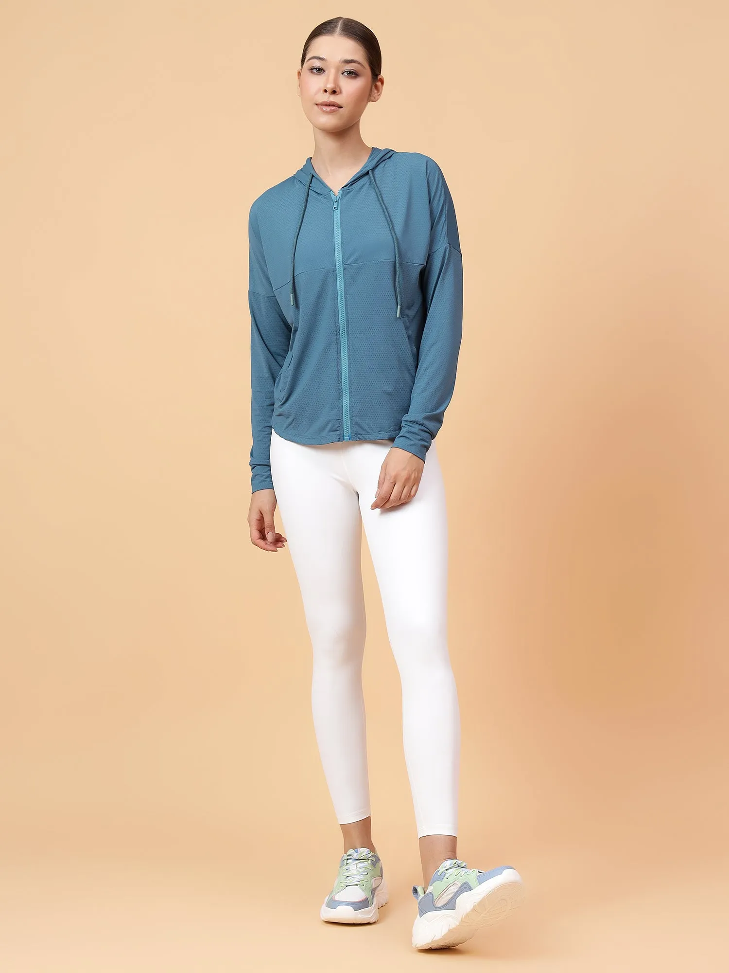 Fitkin Women Turquoise Self Design Hooded Jacket