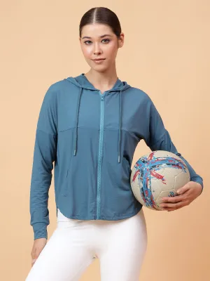 Fitkin Women Turquoise Self Design Hooded Jacket