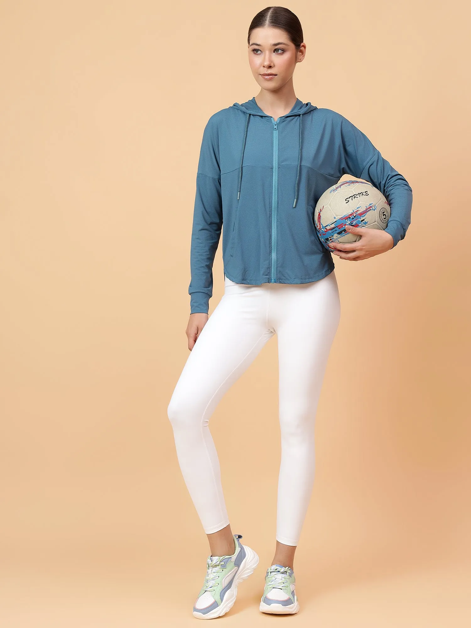 Fitkin Women Turquoise Self Design Hooded Jacket