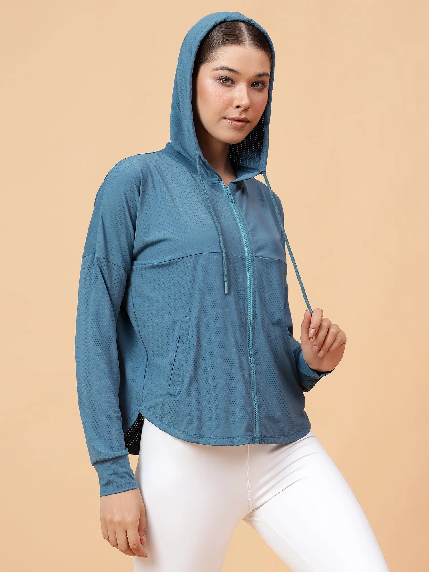 Fitkin Women Turquoise Self Design Hooded Jacket