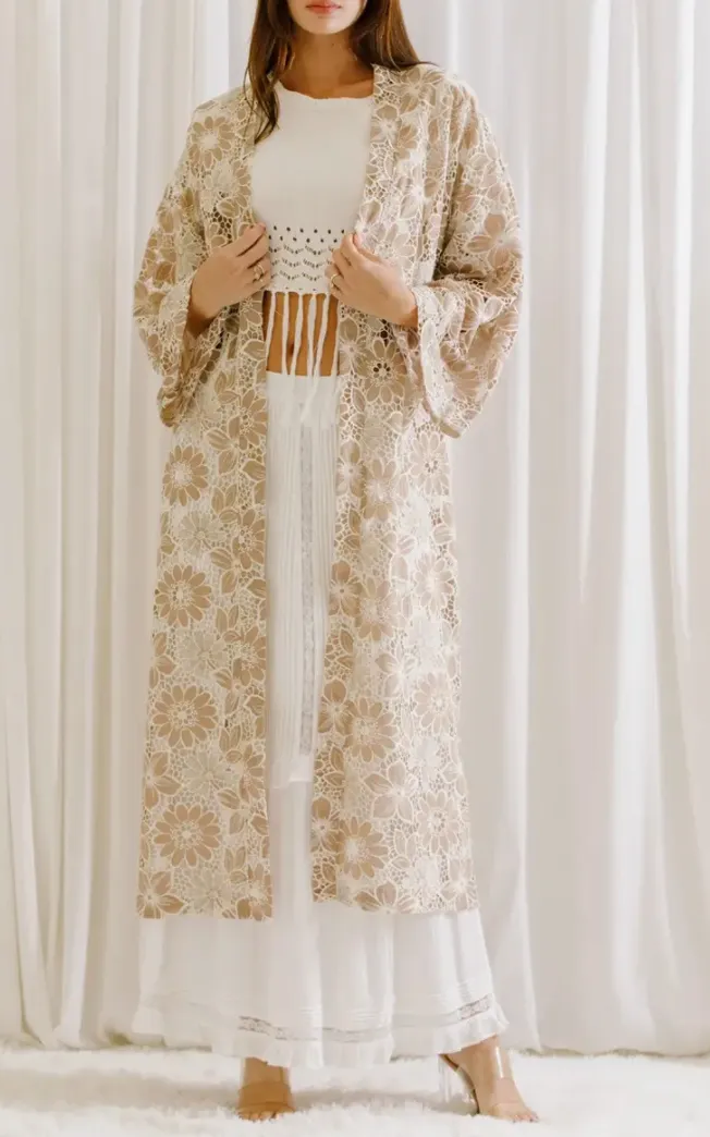 Floral Lace Open Front Kimono Robe