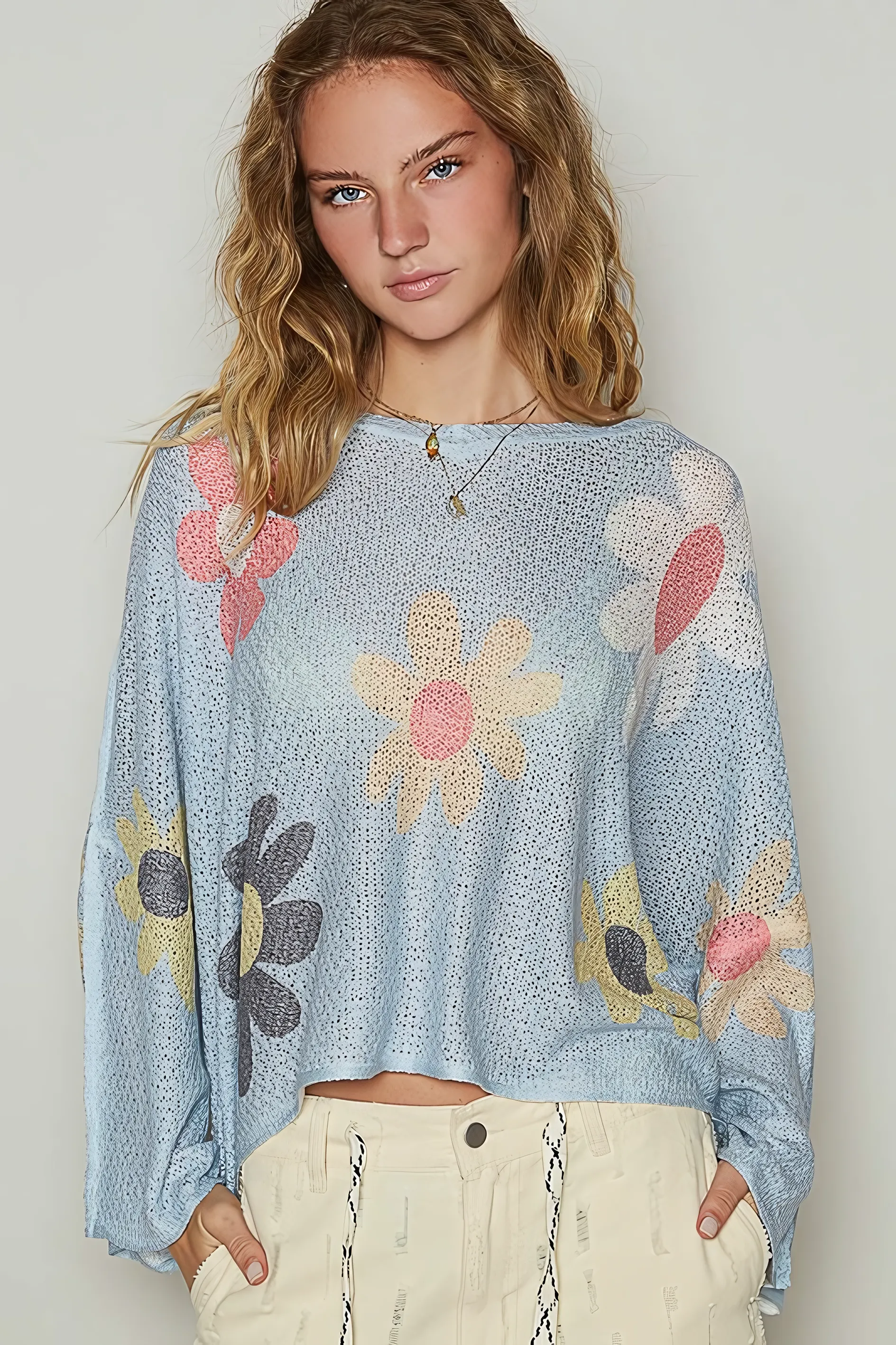 Flower Dropped Shoulder Long Sleeve Knit Sweater