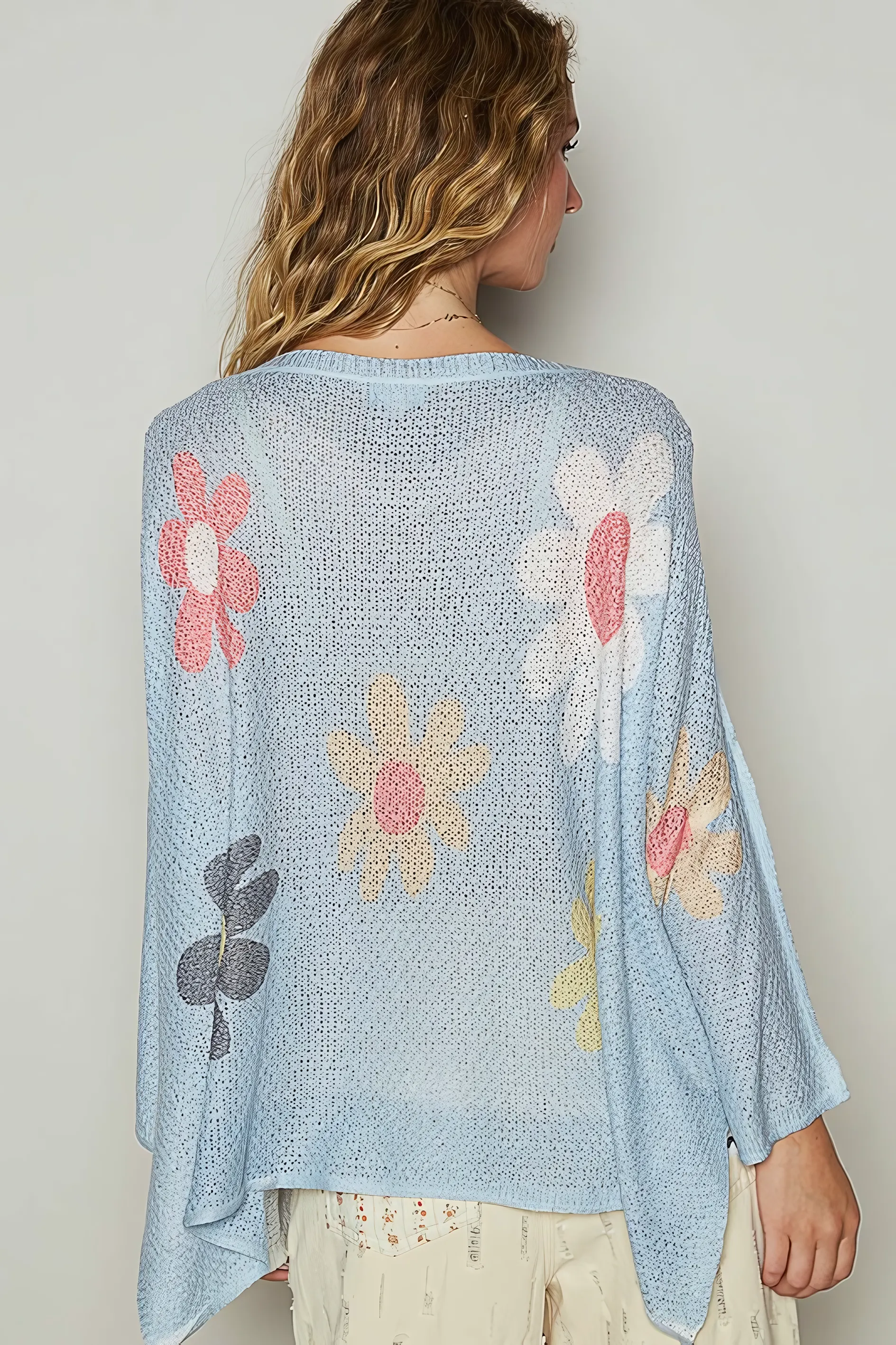 Flower Dropped Shoulder Long Sleeve Knit Sweater