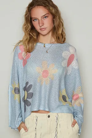 Flower Dropped Shoulder Long Sleeve Knit Sweater
