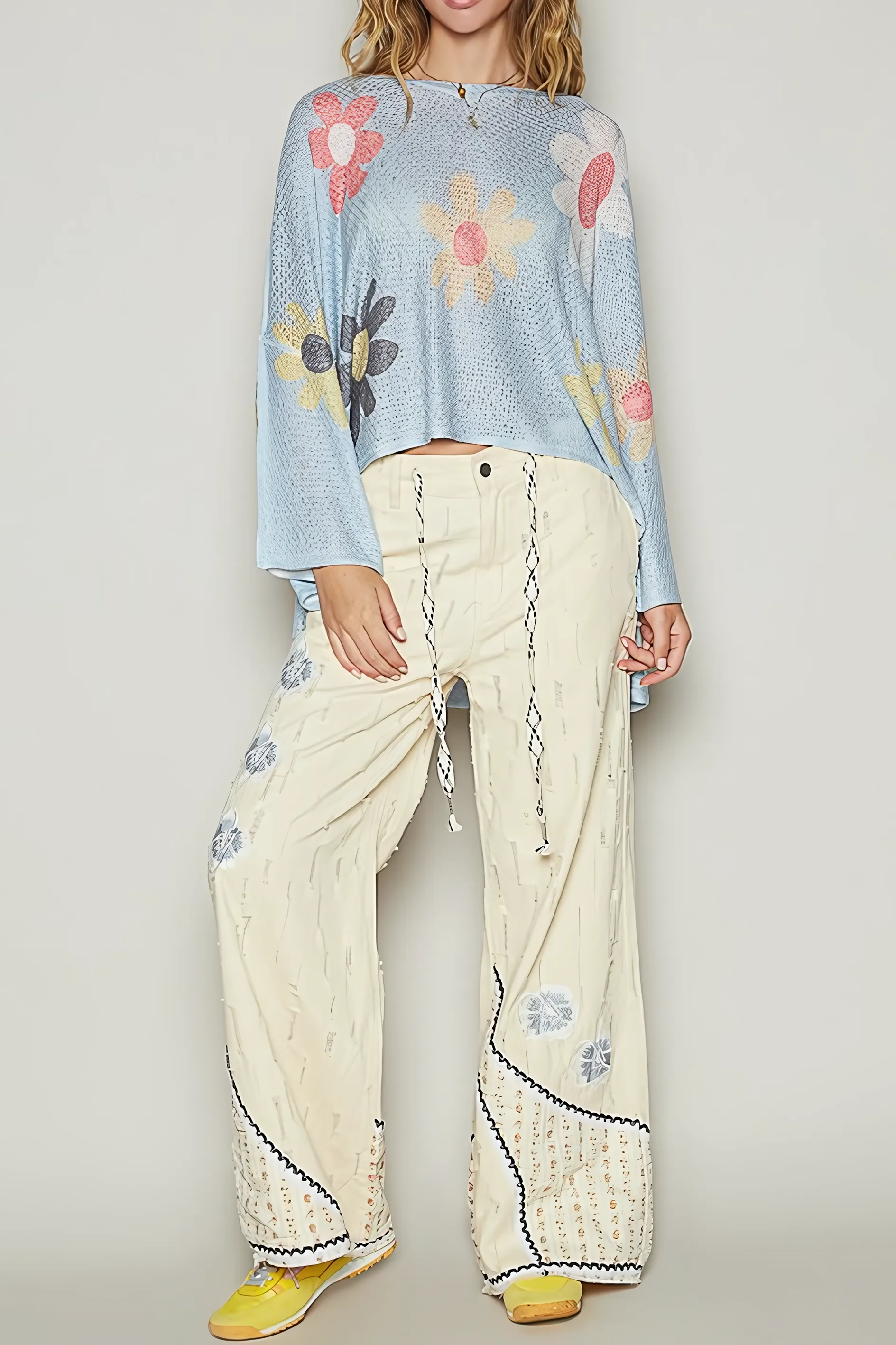 Flower Dropped Shoulder Long Sleeve Knit Sweater