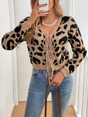 Frenchy Leopard Print Tie-Up Knitted Cardigan