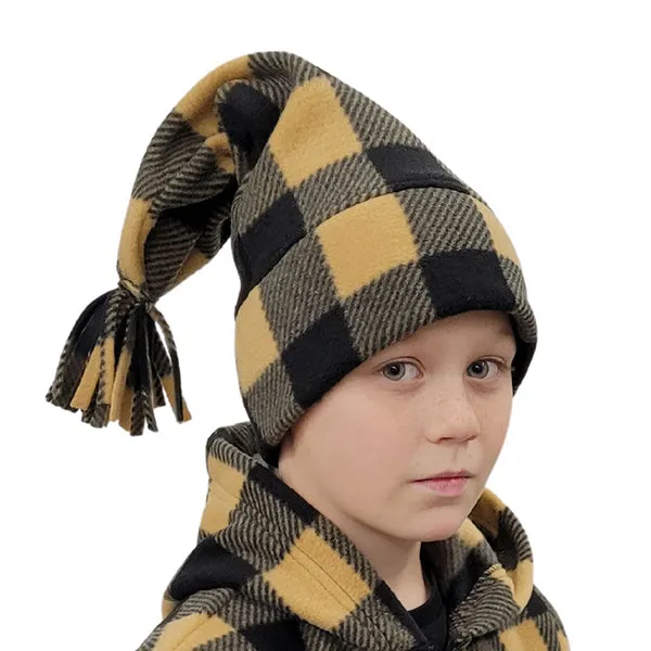 FRINGED LONG TOQUE BUFFALO CHECK TAN