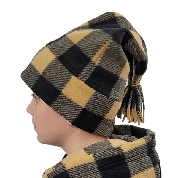 FRINGED LONG TOQUE BUFFALO CHECK TAN