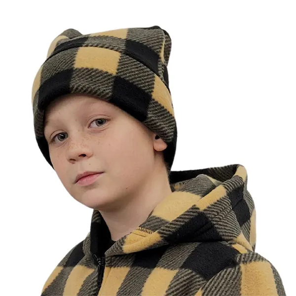 FRINGED LONG TOQUE BUFFALO CHECK TAN