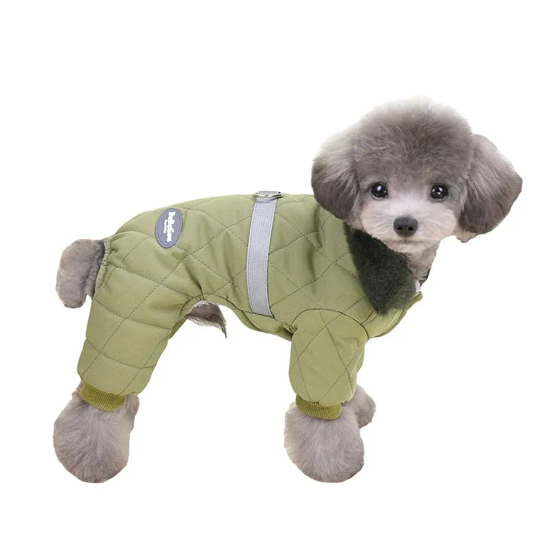 Fur Collar Dog Jumpsuit with D Ring Winter Coat for Small Dogs