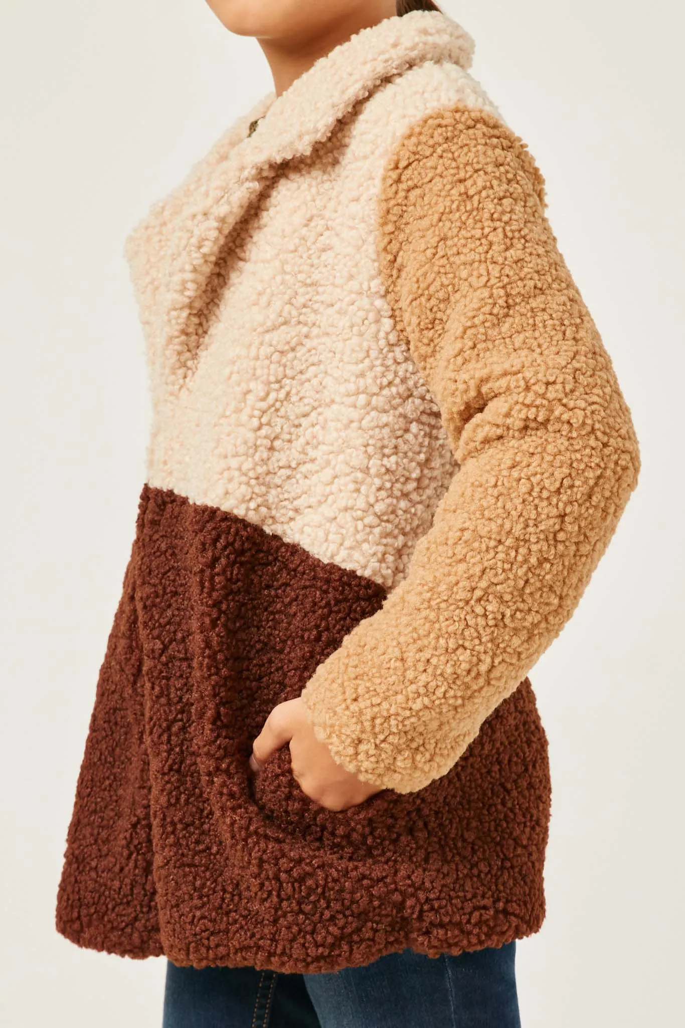 Fuzzy Fleece Collared Color Block Jacket