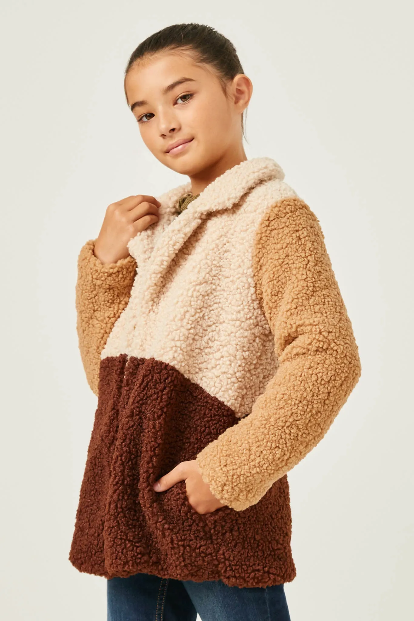 Fuzzy Fleece Collared Color Block Jacket