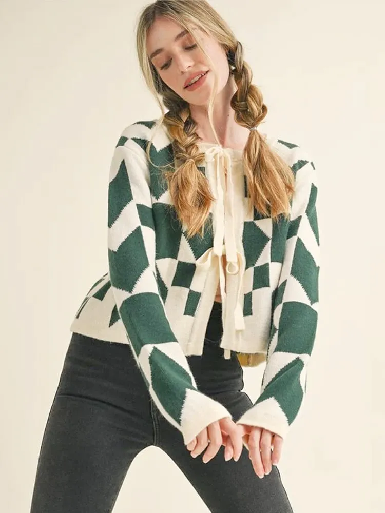 Geometric Print Lace-Up Cardigan Sweater