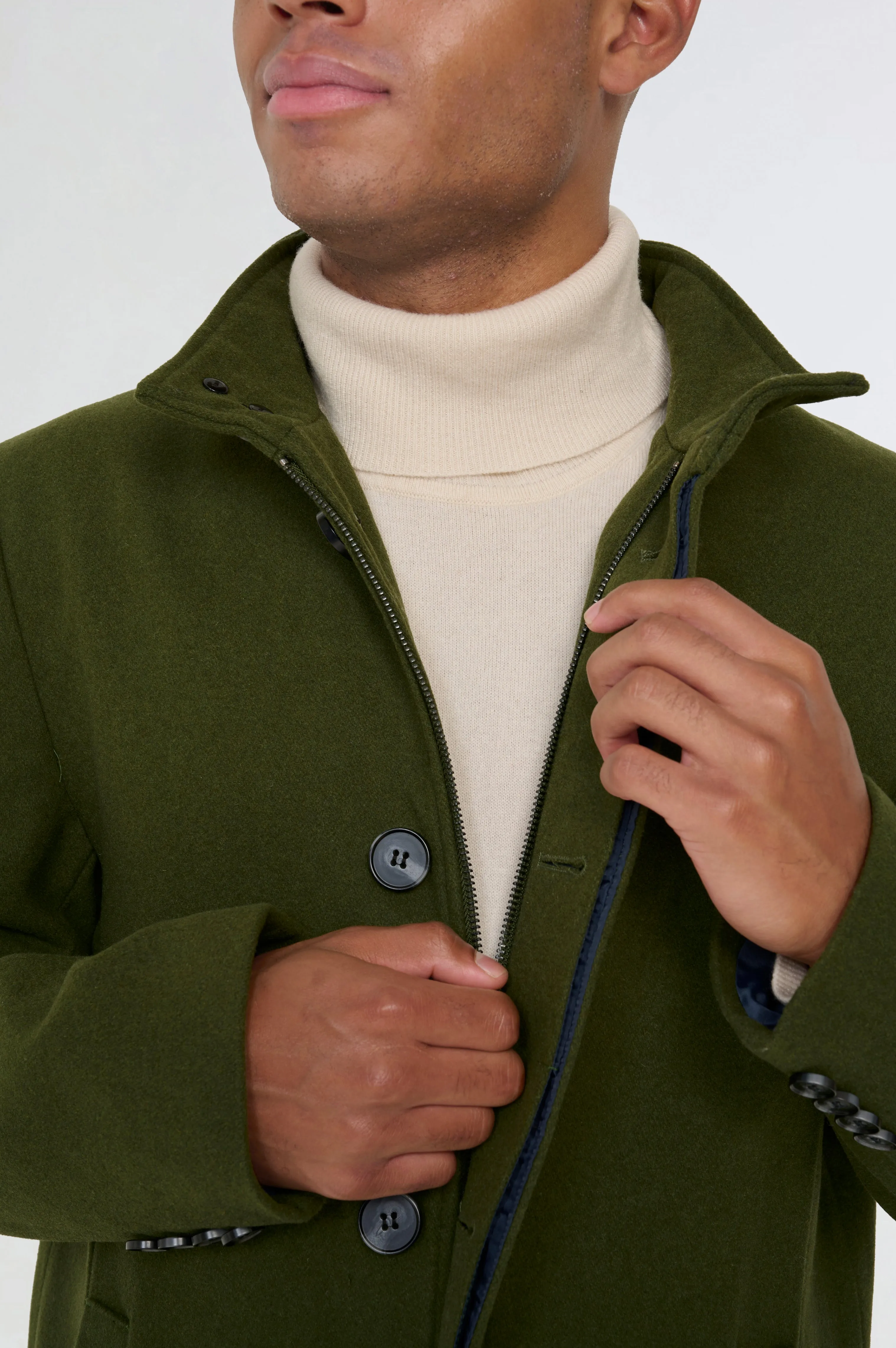 George Wool Melton Coat with Funnel Neck in Khaki