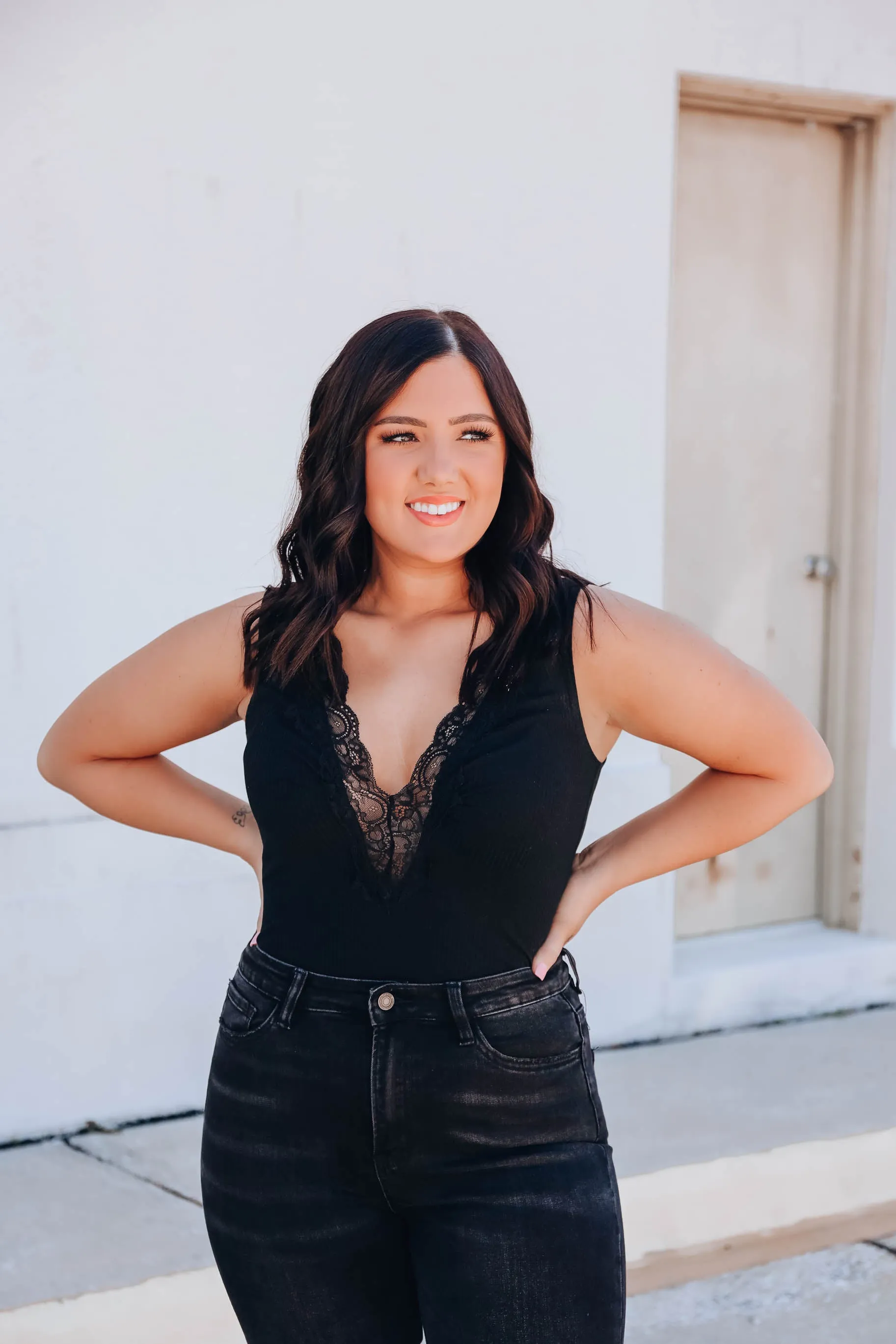 Georgian Lace V-Neck Bodysuit - Black