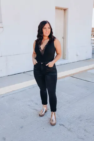 Georgian Lace V-Neck Bodysuit - Black