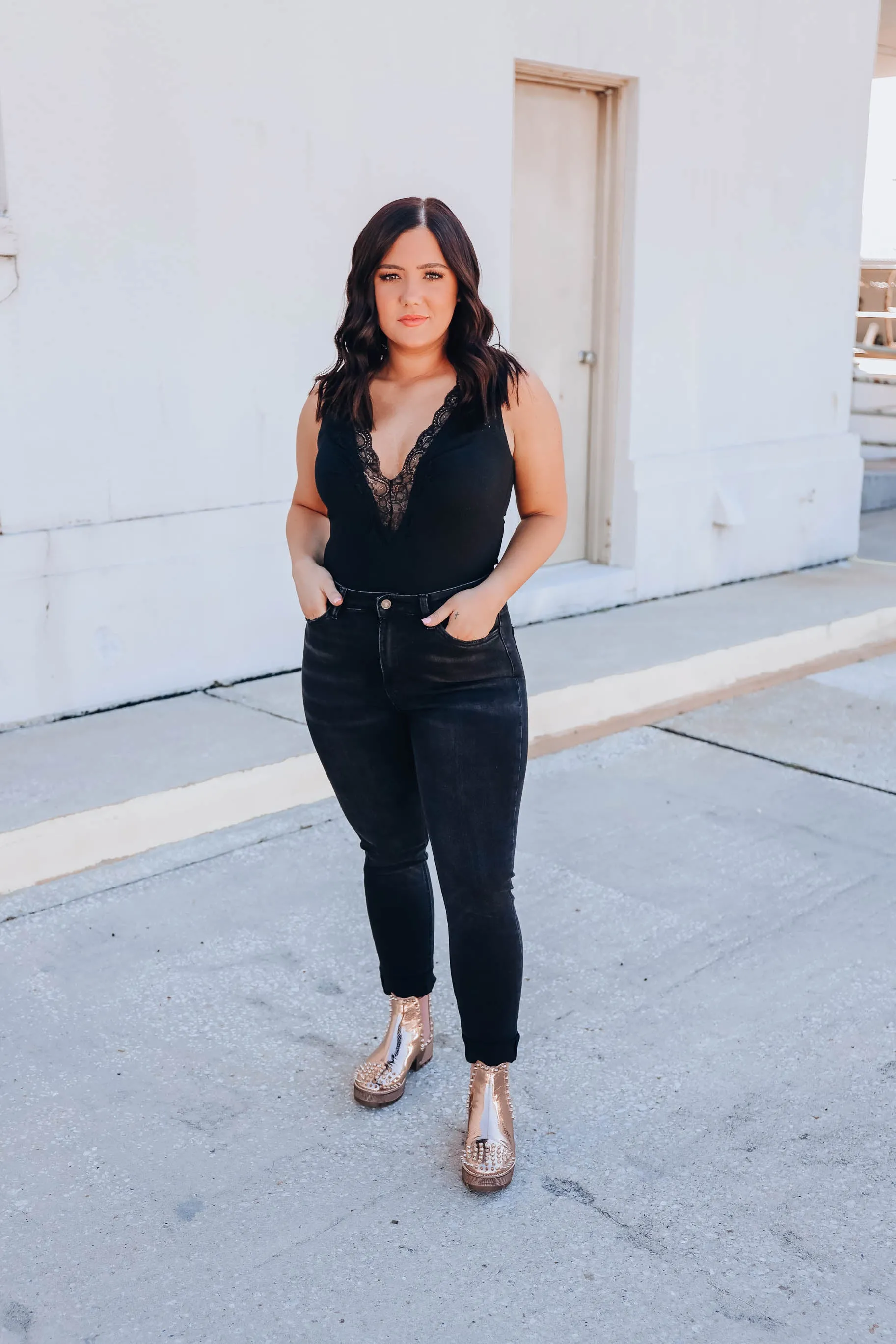 Georgian Lace V-Neck Bodysuit - Black