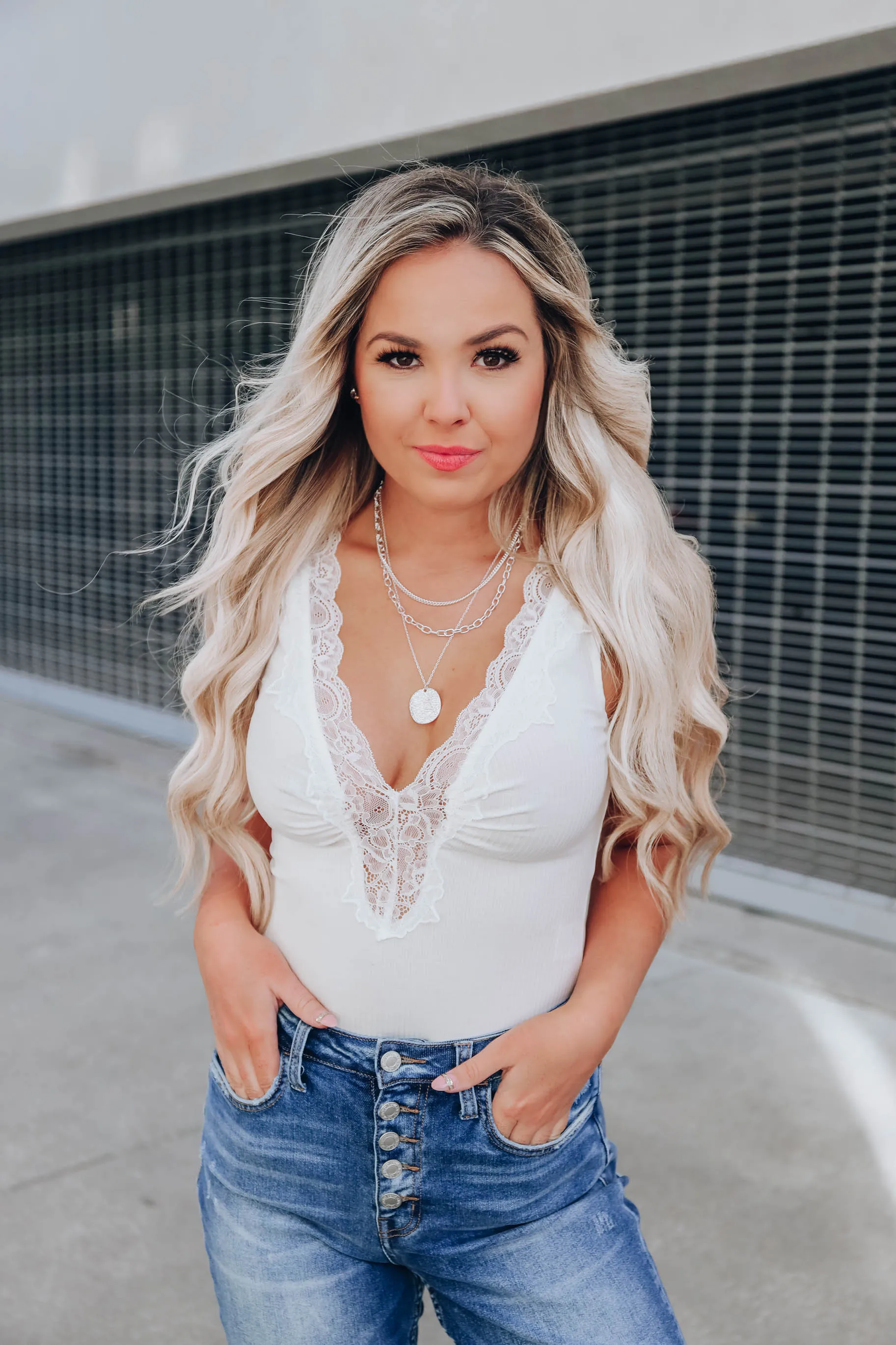 Georgian Lace V-Neck Bodysuit - Ivory