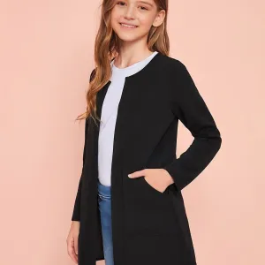 Girls Open Front Solid Knit Cardigan Jacket