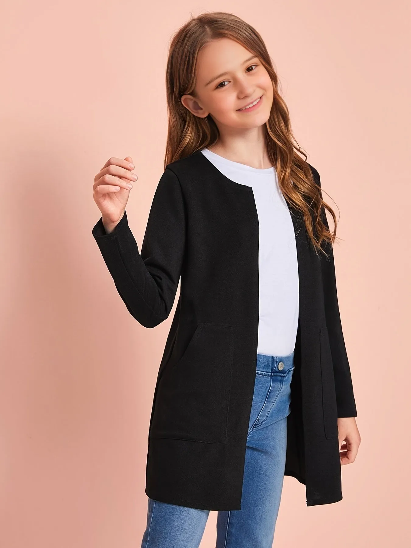 Girls Open Front Solid Knit Cardigan Jacket