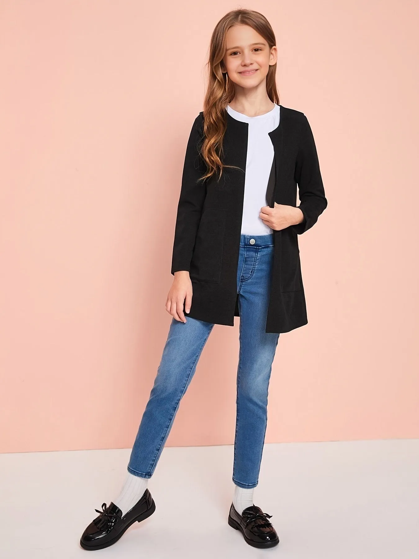 Girls Open Front Solid Knit Cardigan Jacket