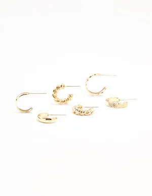 Gold Mixed Textured Hoop Earrings 3-Pack
