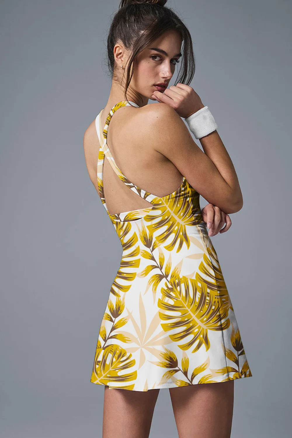 Golden Tropics Leaf Print Tennis Dress